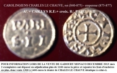 VENDS DENIER ARGENT CAROLINGIEN CHALES LE CHAUVES 840 875